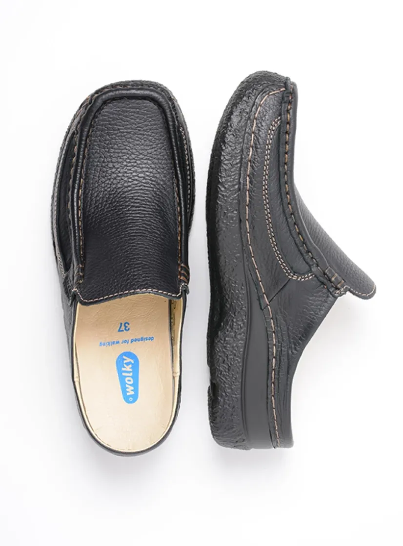 Wolky Roll Slide - zwart leer<DAMES Slippers|Klompen