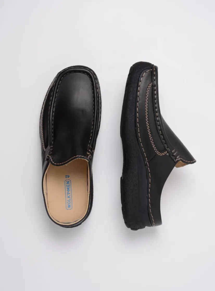 Wolky Roll Slide men - zwart leer<Heren Slippers Heren|Klompen Heren