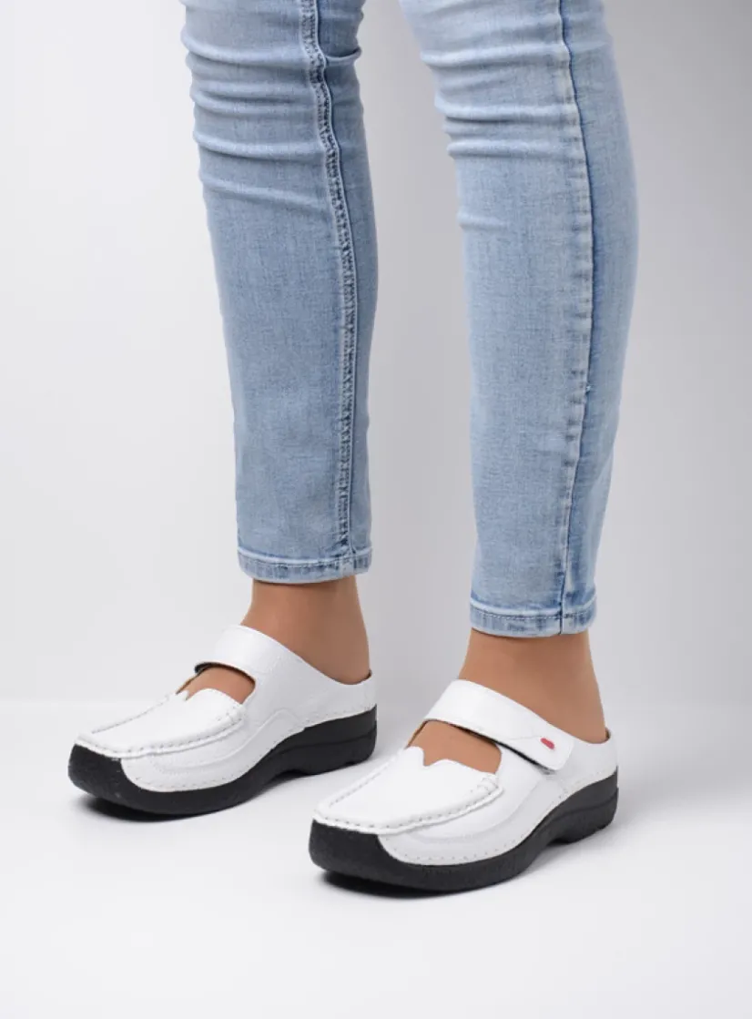 Wolky Roll Slipper - wit/zwart leer<DAMES Slippers|Klompen