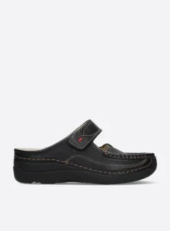Wolky Roll Slipper - zwart leer<DAMES Slippers|Klompen