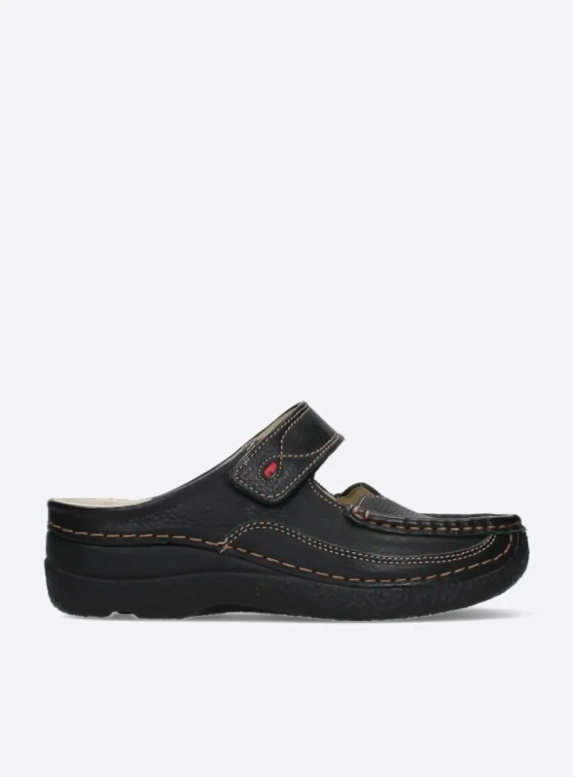 Wolky Roll Slipper - zwart leer<DAMES Slippers|Klompen