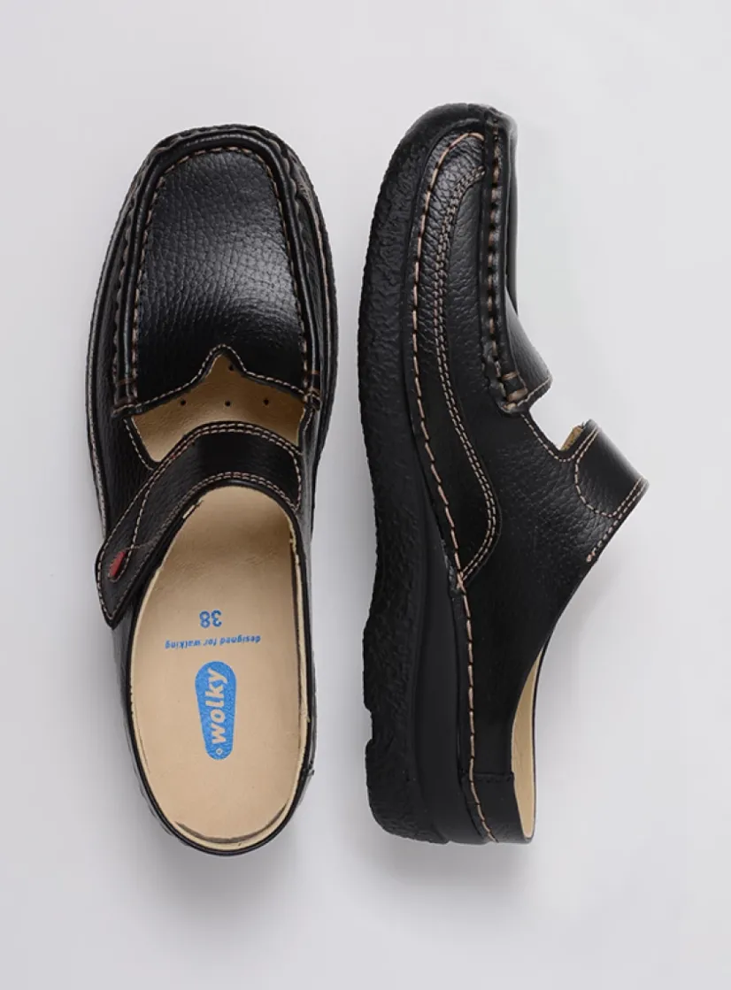 Wolky Roll Slipper - zwart leer<DAMES Slippers|Klompen