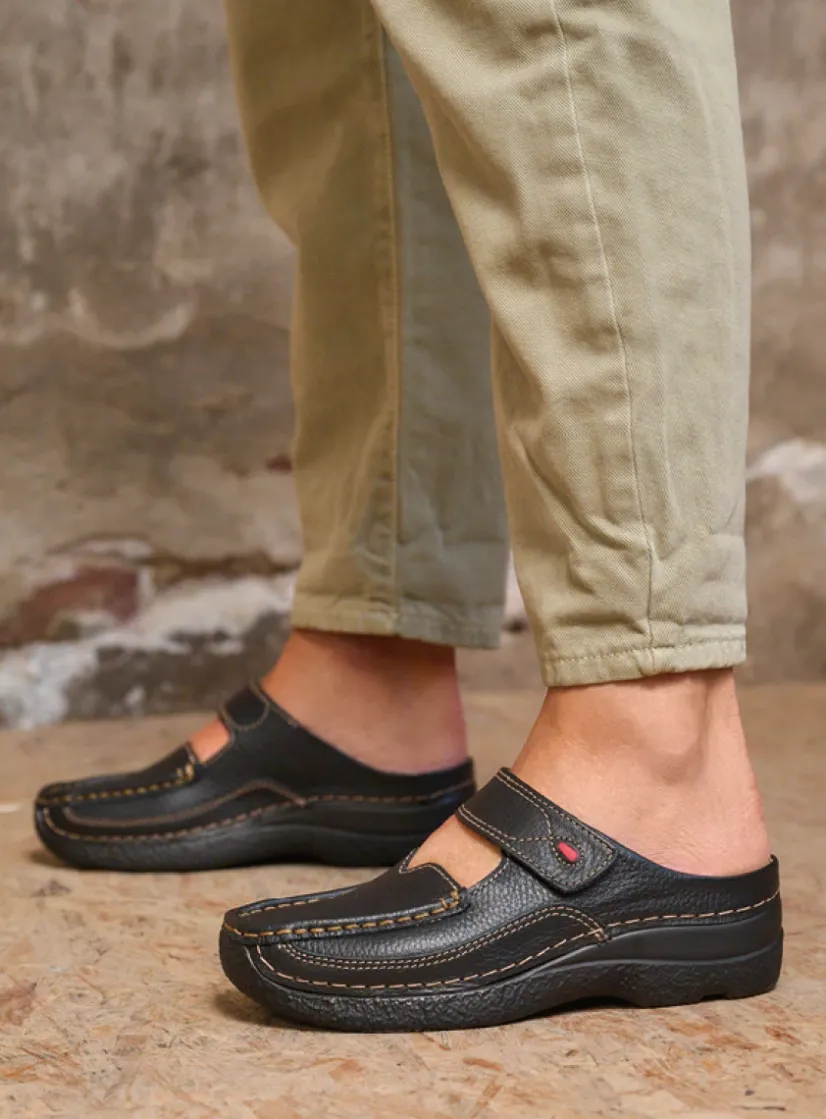 Wolky Roll Slipper - zwart leer<DAMES Slippers|Klompen
