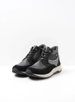 Wolky Scone - zwart combi leer<DAMES Hoge Veterschoenen|Wandelschoenen
