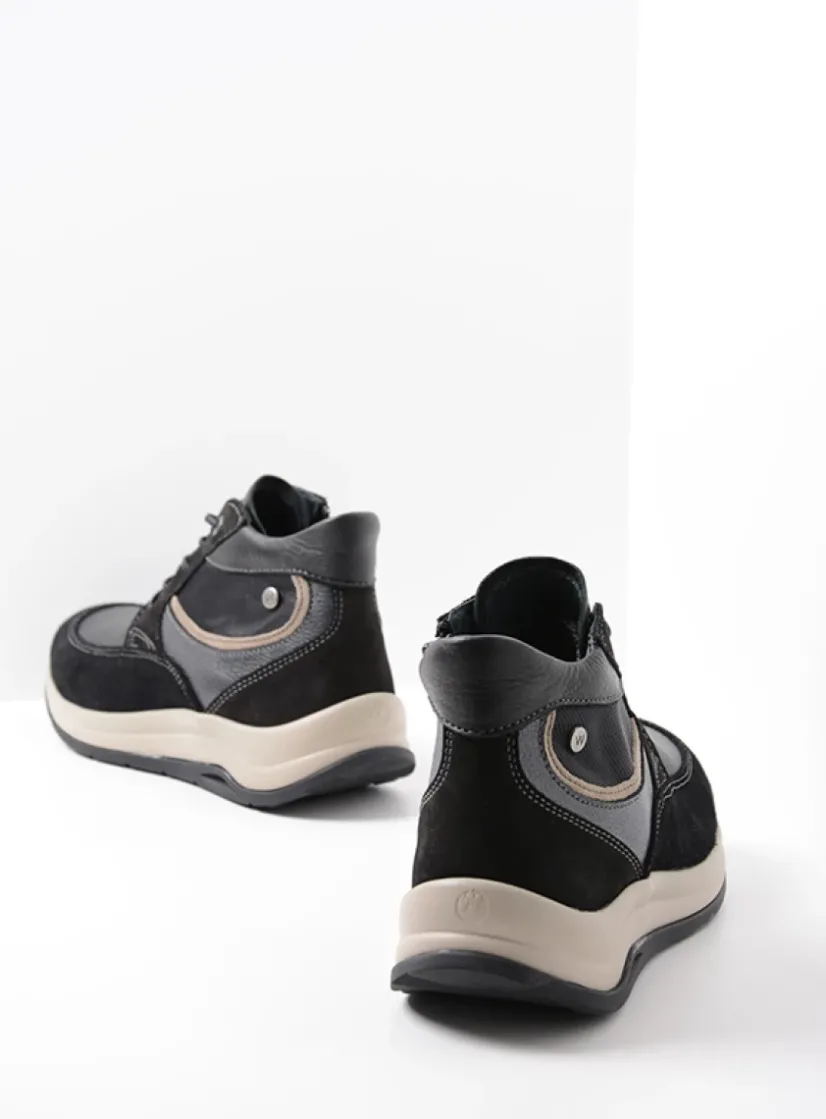 Wolky Scone - zwart combi leer<DAMES Hoge Veterschoenen|Wandelschoenen