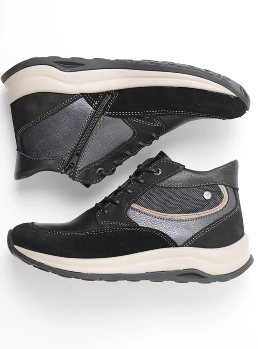 Wolky Scone - zwart combi leer<DAMES Hoge Veterschoenen|Wandelschoenen