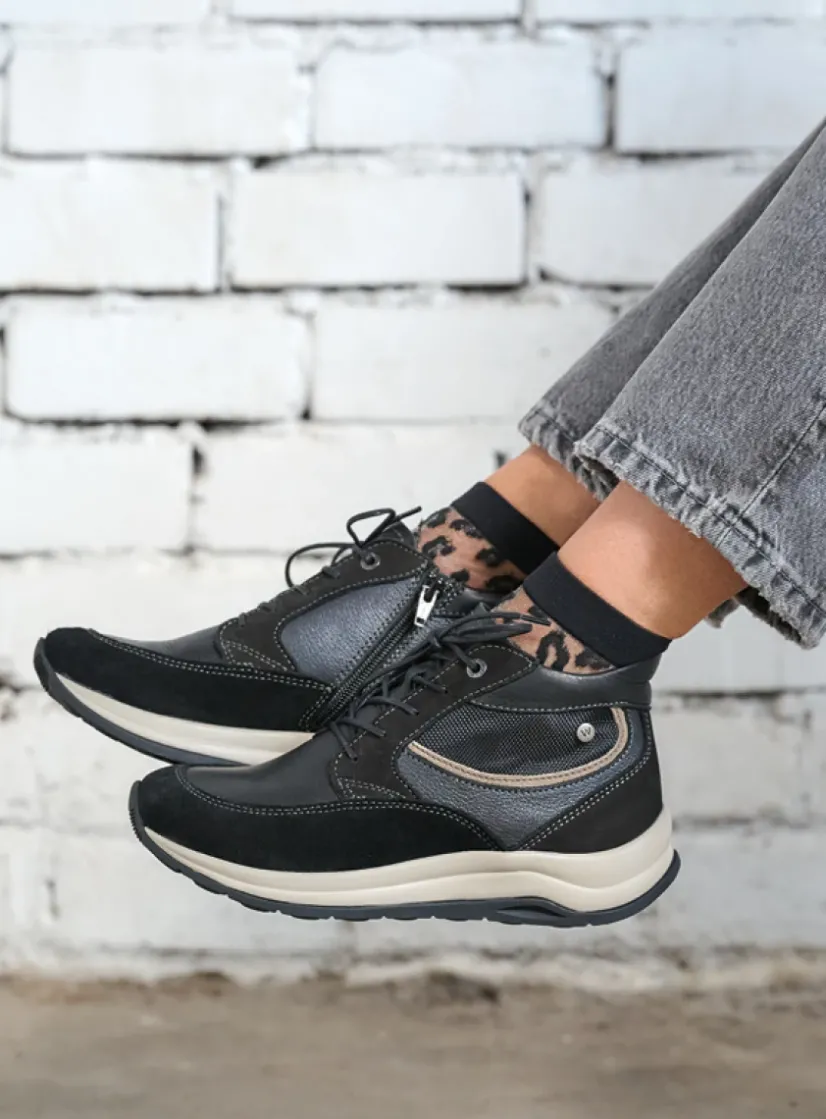 Wolky Scone - zwart combi leer<DAMES Hoge Veterschoenen|Wandelschoenen