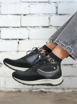 Wolky Scone WR - zwart combi leer<DAMES Hoge Veterschoenen|Wandelschoenen