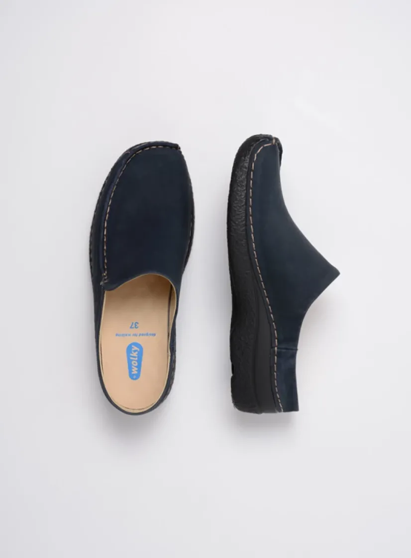 Wolky Seamy Slide - blauw nubuck<DAMES Slippers|Klompen