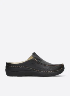 Wolky Seamy Slide - zwart geprint leer<DAMES Slippers|Klompen