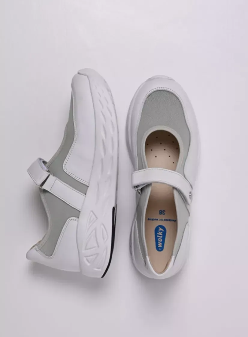 Wolky Spring S2F - wit/grijsgroen combi stretchleer<DAMES Wandelschoenen|Bandschoenen