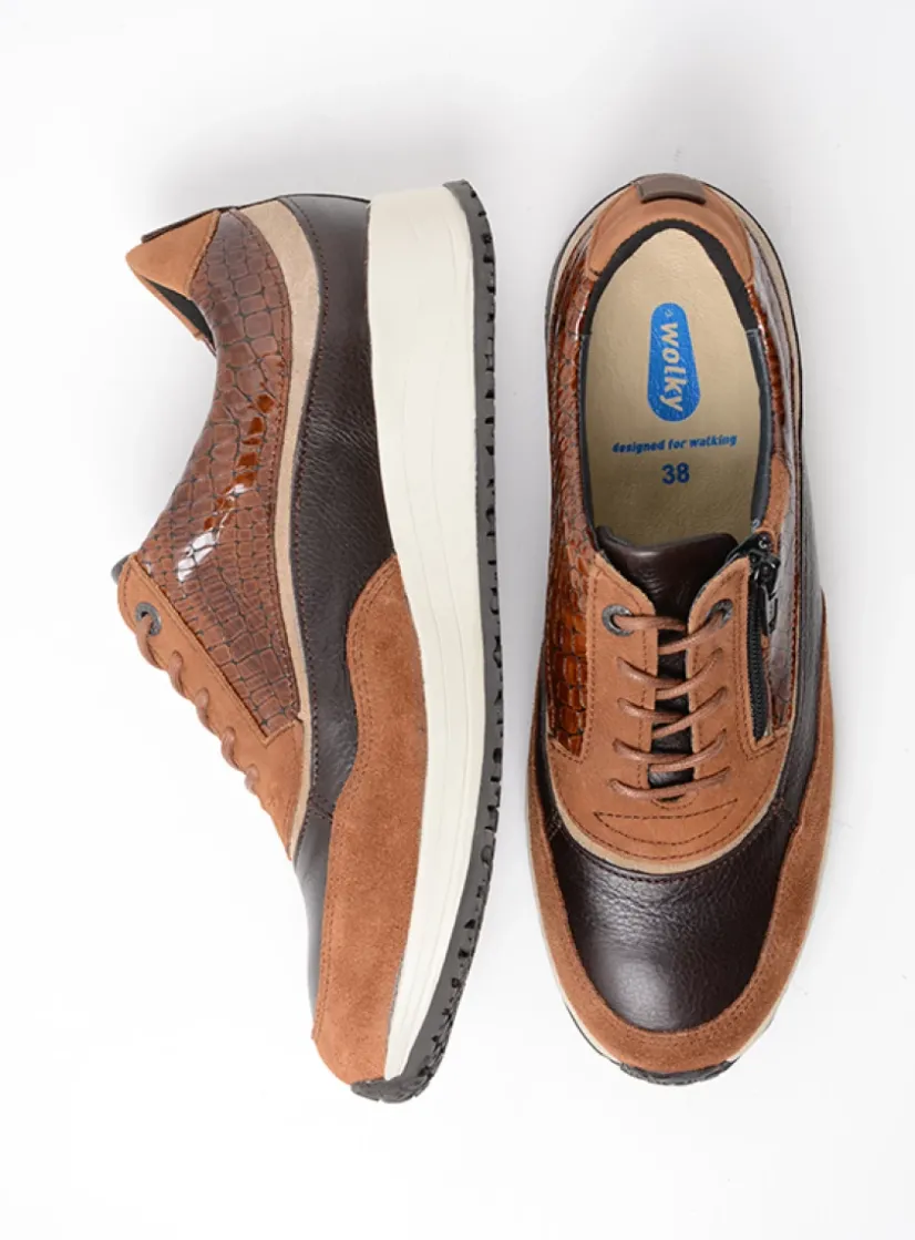 Wolky Sprint - cognac combi leer<DAMES Lage Veterschoenen|Sneakers