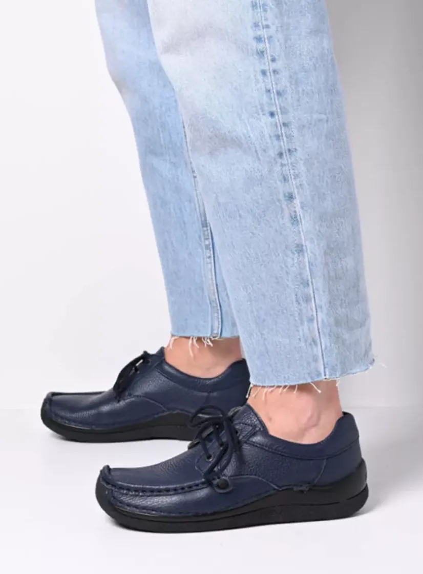 Wolky Taranta - donkerblauw leer<DAMES Lage Veterschoenen|Sneakers