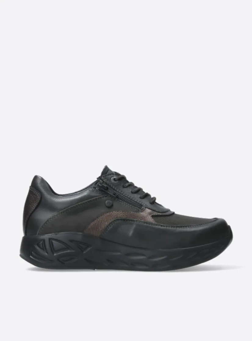 Wolky Vitality S2F - asfalt combi stretch leer<DAMES Lage Veterschoenen|Wandelschoenen