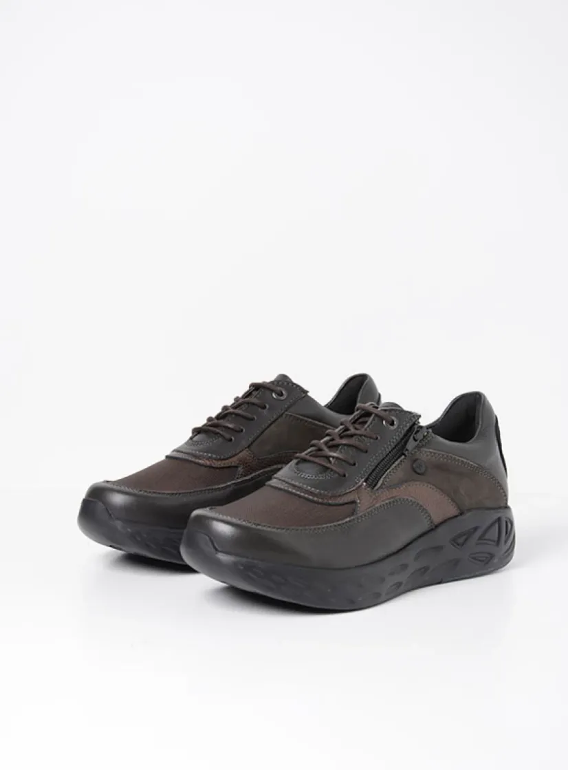Wolky Vitality S2F - asfalt combi stretch leer<DAMES Lage Veterschoenen|Wandelschoenen