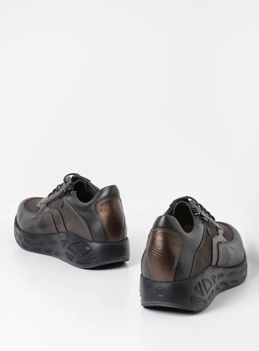 Wolky Vitality S2F - asfalt combi stretch leer<DAMES Lage Veterschoenen|Wandelschoenen