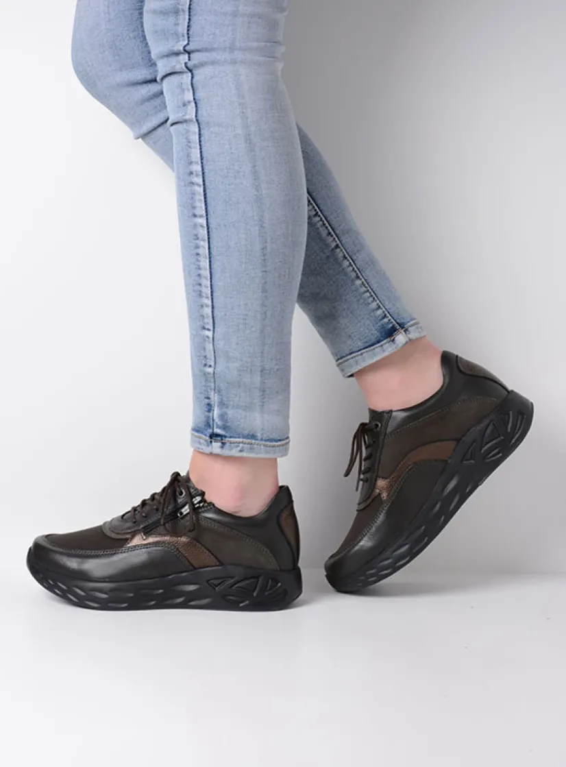 Wolky Vitality S2F - asfalt combi stretch leer<DAMES Lage Veterschoenen|Wandelschoenen