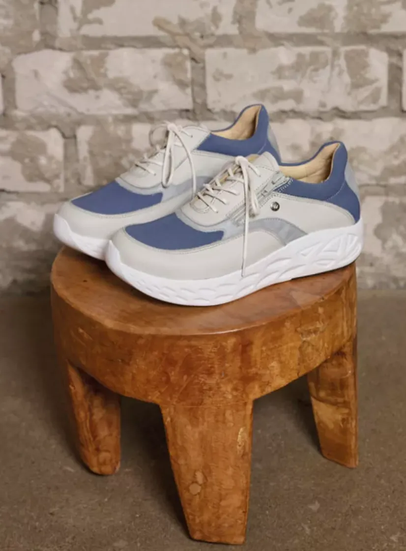 Wolky Vitality S2F - gebroken wit/jeans combi stretch leer<DAMES Lage Veterschoenen|Wandelschoenen