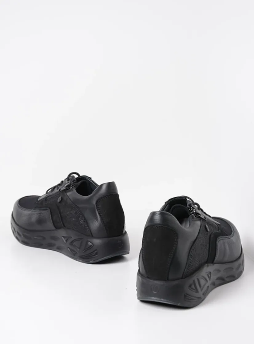 Wolky Vitality S2F - zwart combi stretchleer<DAMES Lage Veterschoenen|Wandelschoenen