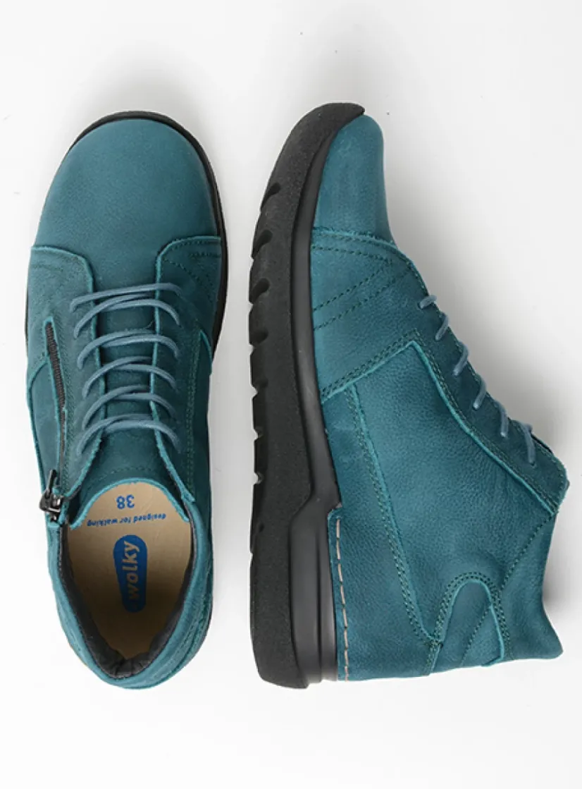 Wolky Why - petrol nubuck<DAMES Hoge Veterschoenen|Wandelschoenen