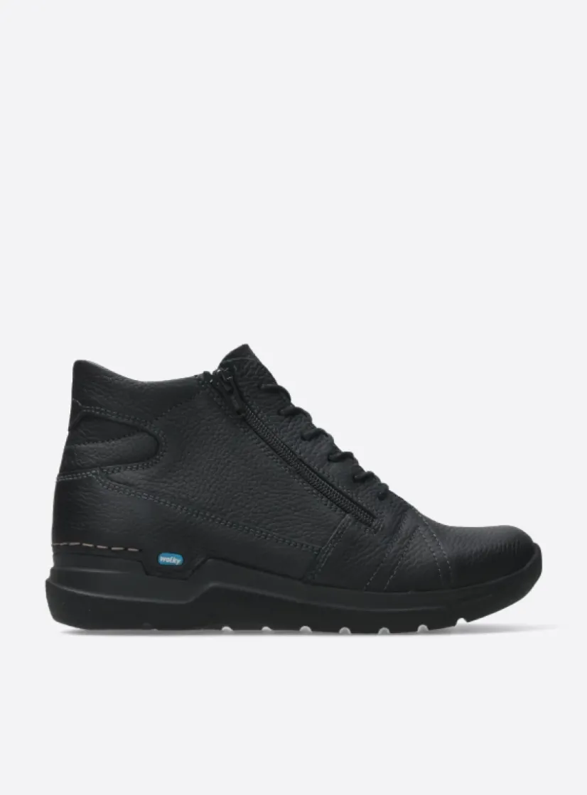 Wolky Why - zwart leer<DAMES Wandelschoenen|Hoge Veterschoenen