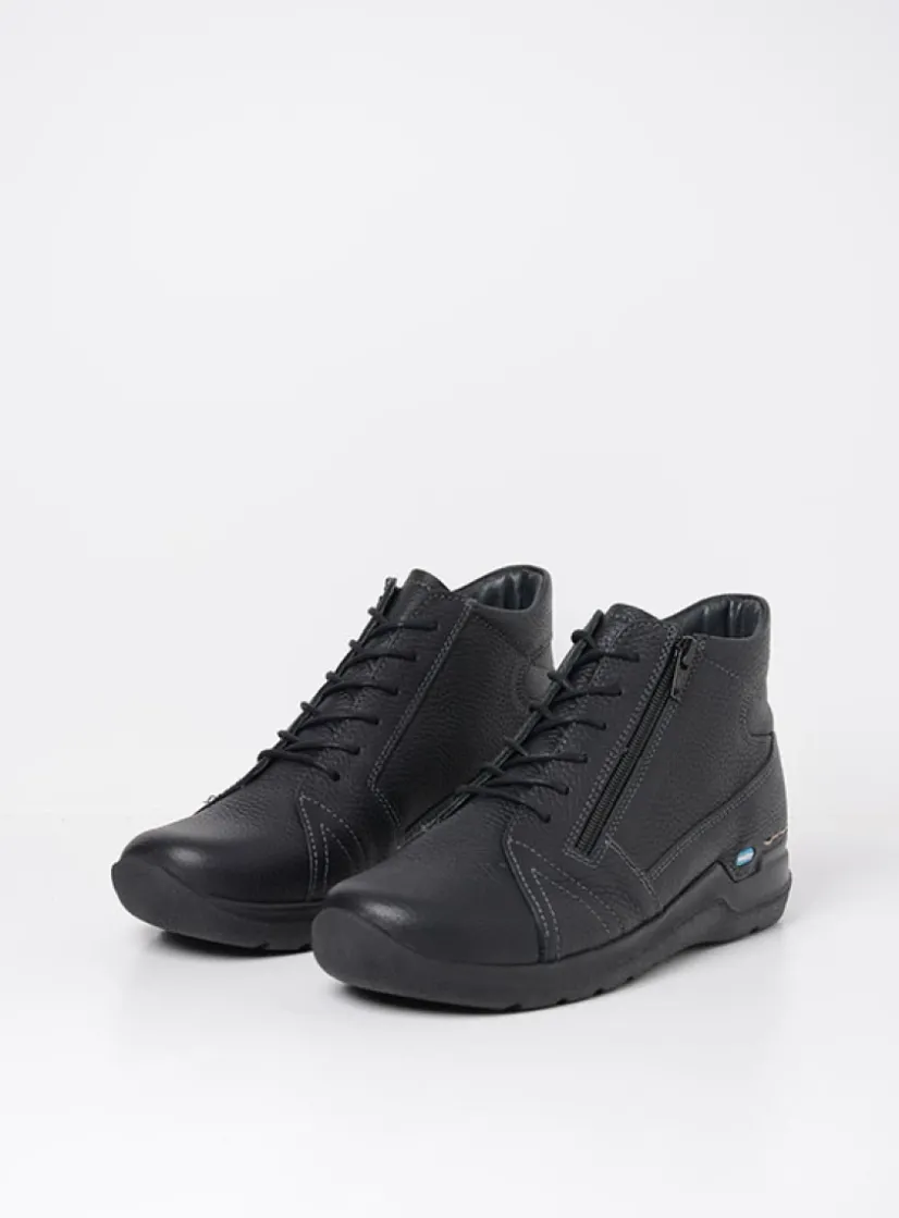 Wolky Why - zwart leer<DAMES Wandelschoenen|Hoge Veterschoenen