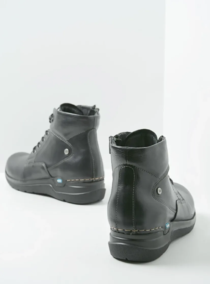 Wolky Whynot - zwart leer<DAMES Hoge Veterschoenen|Wandelschoenen