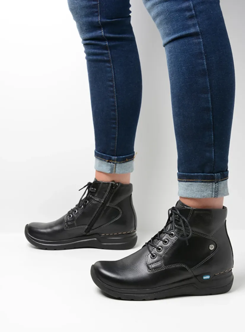 Wolky Whynot - zwart leer<DAMES Hoge Veterschoenen|Wandelschoenen