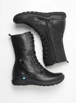 Wolky Zigzag - zwart leer<DAMES Hoge Veterschoenen|Veterlaarzen