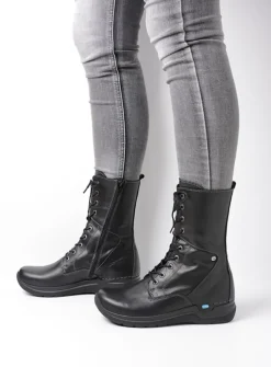 Wolky Zigzag - zwart leer<DAMES Hoge Veterschoenen|Veterlaarzen