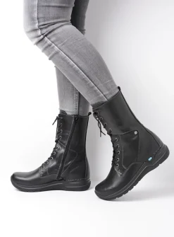 Wolky Zigzag - zwart leer<DAMES Hoge Veterschoenen|Veterlaarzen