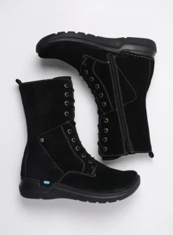 Wolky Zigzag - zwart suede<DAMES Hoge Veterschoenen|Veterlaarzen